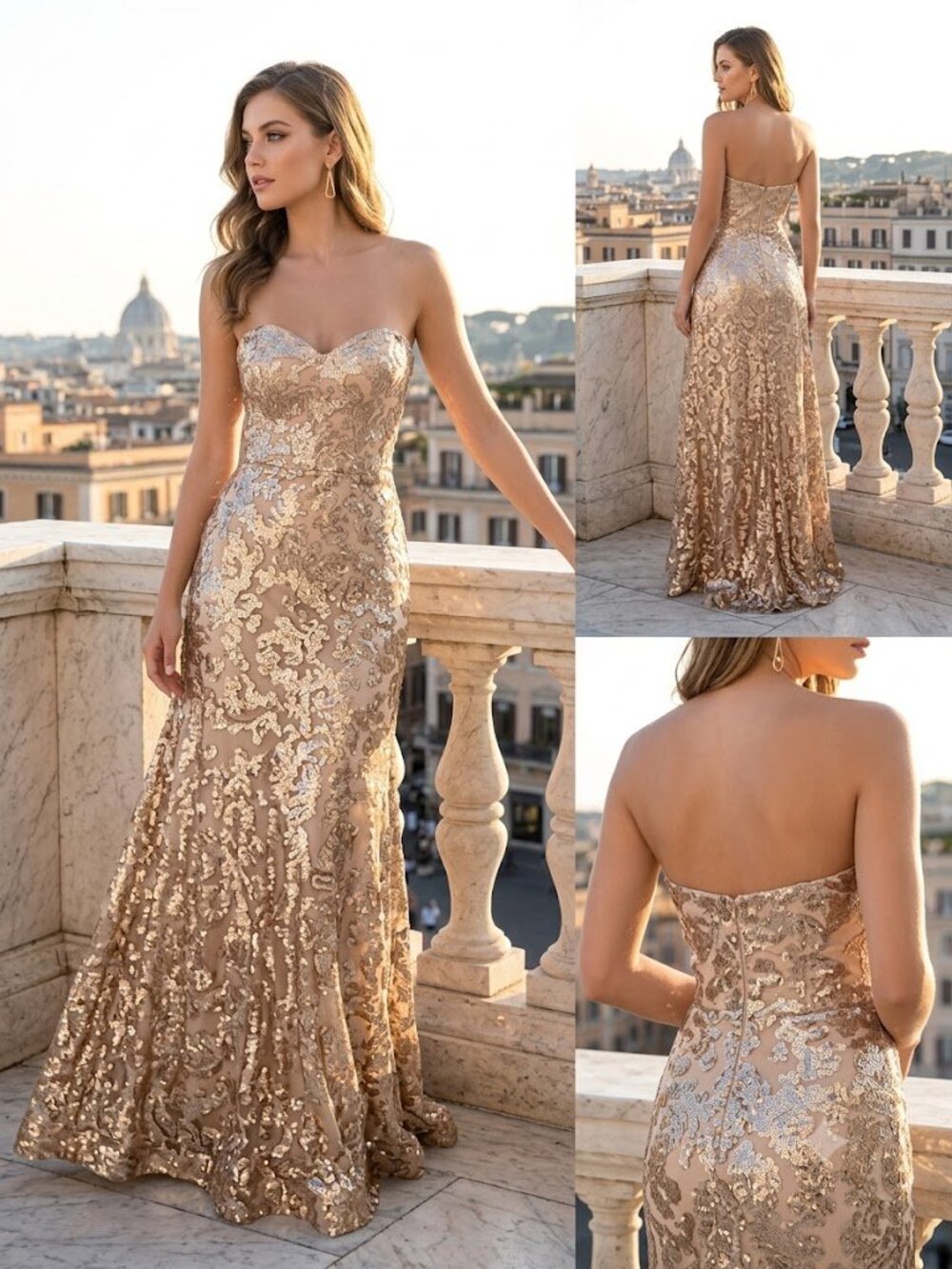 La Femme Champagne Gold Sequin Sweetheart Strapless Maxi Prom Gown Size 0